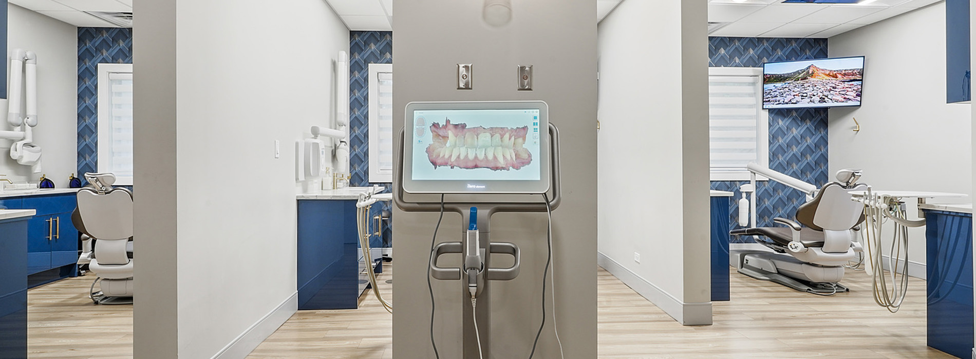 The image depicts a modern dental clinic with a large window, a dental chair, and various pieces of equipment.