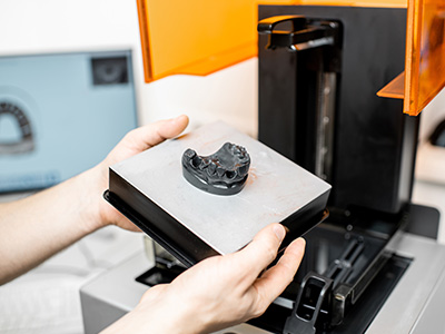 A hand holding a 3D printed object, placed on a transparent surface in front of a 3D printer.