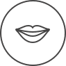 The image is a black and white icon featuring a stylized face with a smiling mouth, set within a circular frame.