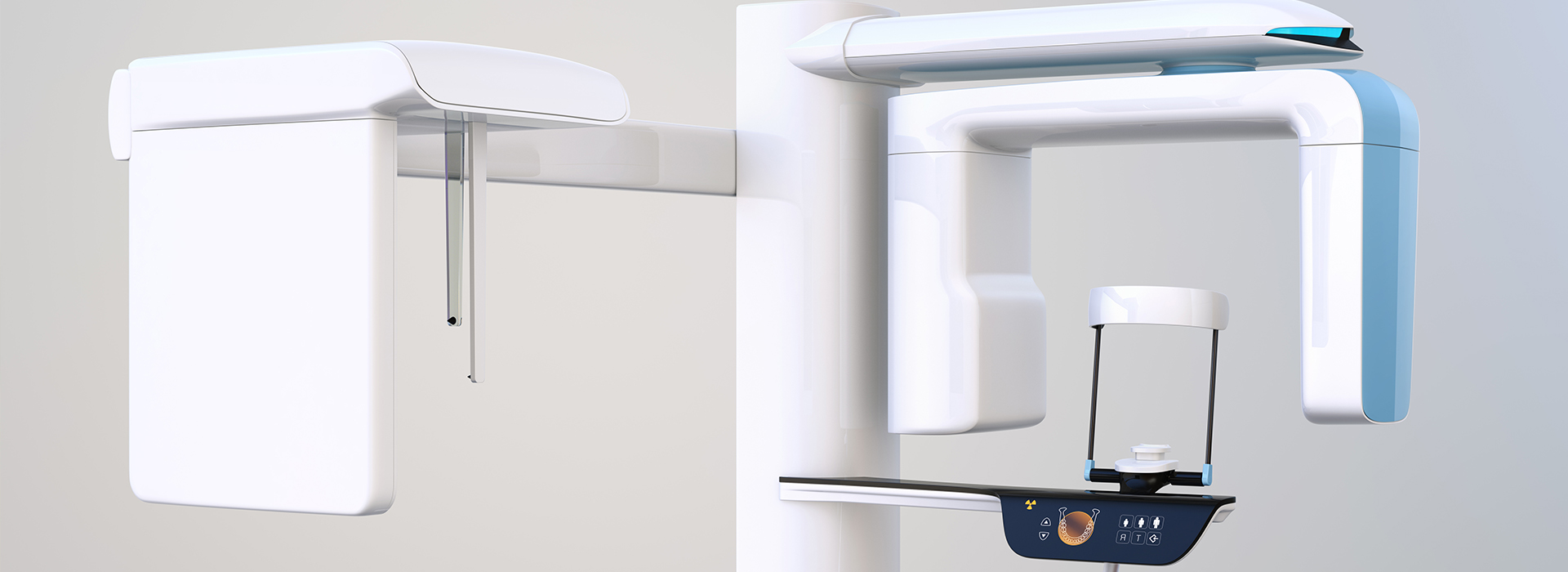 The image displays a modern dental chair setup with a digital display, likely for patient information or treatment planning.