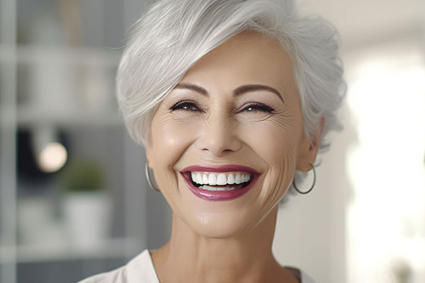 A middle-aged woman with white hair, wearing a white top and smiling broadly.